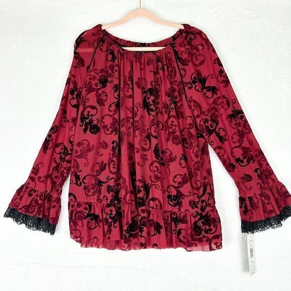 Calessa Velvet Mesh Long Sleeve Blouse Size XL NWT Crimson Crochet Flare Sleeve - Picture 1 of 7